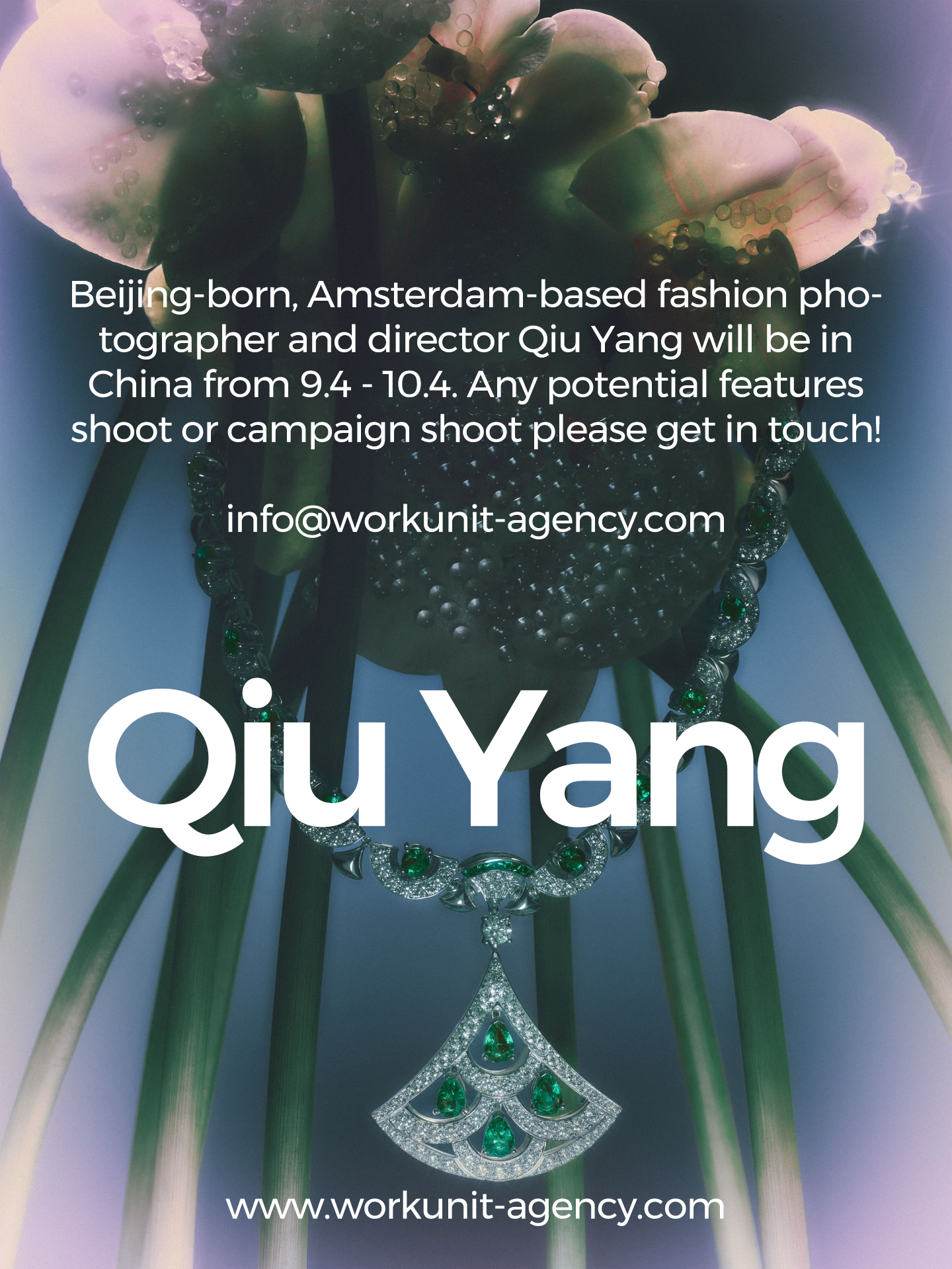 Qiu Yang, Beijing-born Amsterdam-based fashion photographer and director, will be in China from 9.4 to 10.4. Get in touch if you have any potential projects for him or are interested in meeting him. 